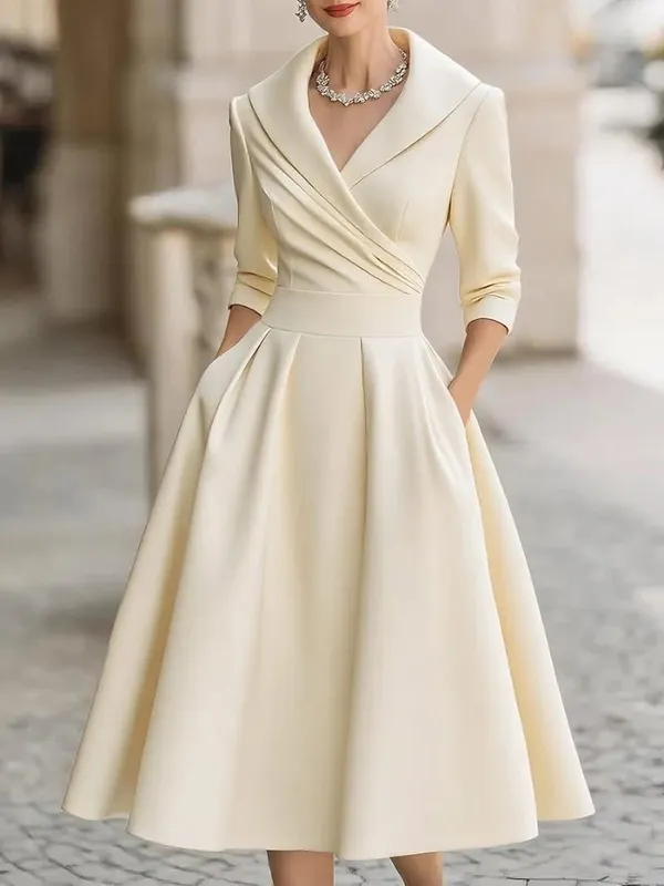 Women's Vintage V Neck Long Sleeve Wrap Waist A Line Midi Dress with Pockets — image 3