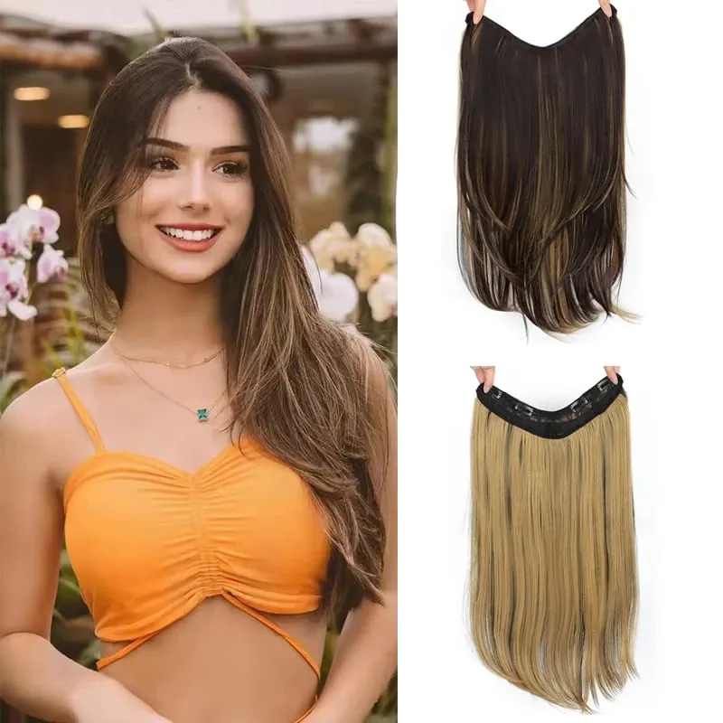 Synthetic 55CM V-shaped Hair Extension Piece Wig Long Straight Hair Female Natural Connection Seamless Clip Hair Wig Piece — image 2