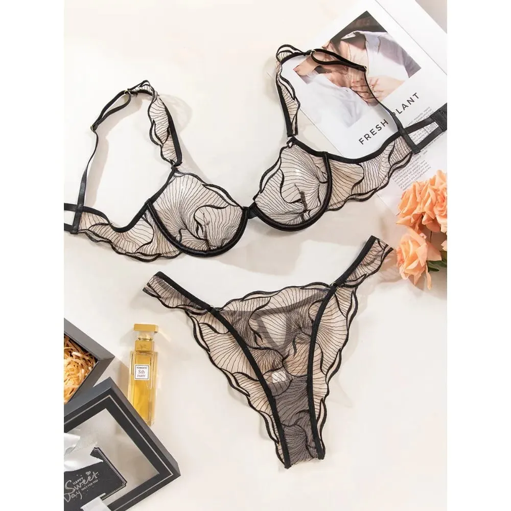 セクシーな French Floral Embroidery Lace Bra Set Women Ultra Thin Sheer Minimizer Brassiere Hollow Out Soft Breathable Lingerie 32-38 — image 3