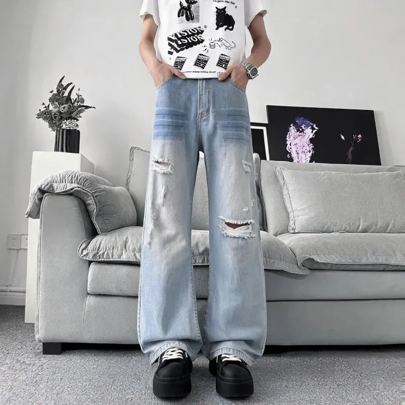 Summer Men's Distressed Denim Pants 2026 New Gray Washed Ripped Loose Straight Leg Casual Streetwear Jeans — image 5