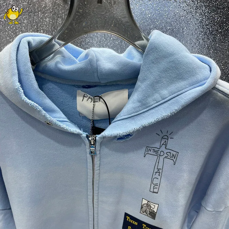 Washed Blue PALY Hoodies Men Woman Vintage Damaged Hole Old Casual High Quality Hip Hop Fashion Zipper Sweatshirts — image 4