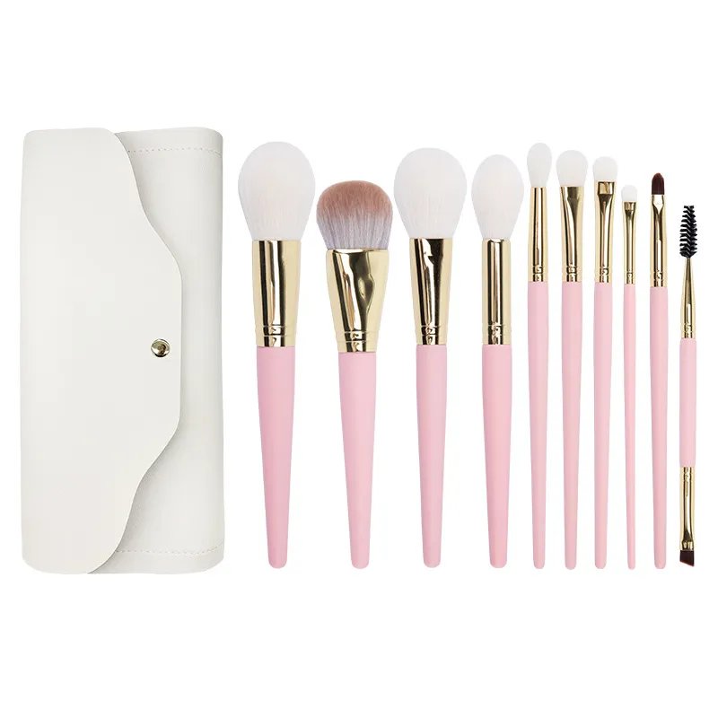 10 pçs pincéis de maquiagem rosa escova de sombra blush líquido fundação bb creme escovas de cabelo de cabra compõem escovas saco ferramentas cosméticas