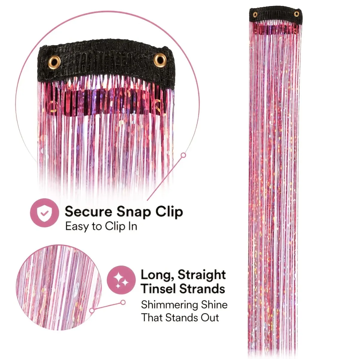 4pcs Clip-In Hair Tinsel Extensions Sparkly Holographic Glitter Hair Strands with Snap Clips Reusable Easy-To-Wear Hair — image 7