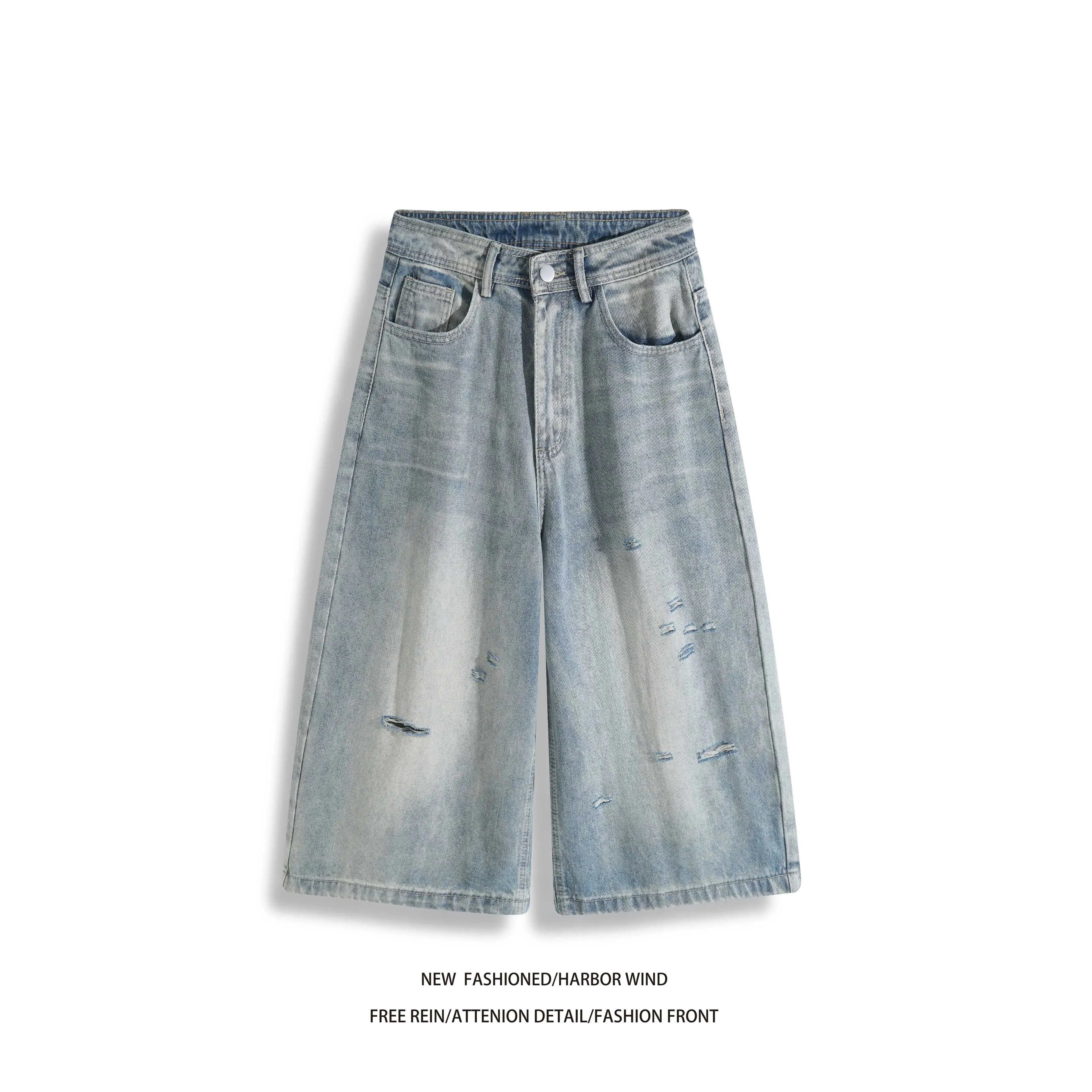 Summer New American Retro Blue Ripped Design Loose Wide Leg Cropped Pants Men's Jeans Man Pants