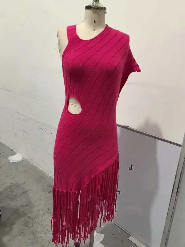 Fashion Yellow Knitted Irregular Dress Women Elegant Hollow Out Tassel Splicing Halter Sleeveless Vestido Summer Lady Club Gowns