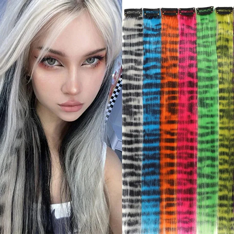 1pc/set Stripe Printed Hair Colorful Long Straight Hair Pieces Synthetic Clip-in Hair Extensions for Daily Use Party Halloween — image 8