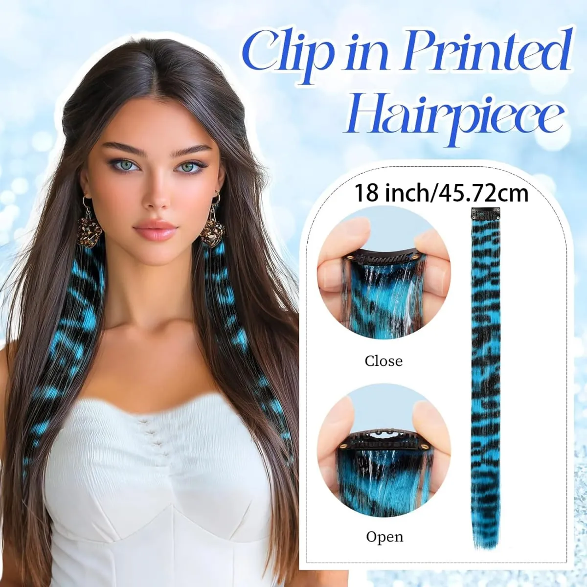 Leopard Printed Clip in Hair Extensions -5 PCS Blue Long Synthetic Straight Clip in Hair Extensions Stripe Printed Hairpiece — image 3
