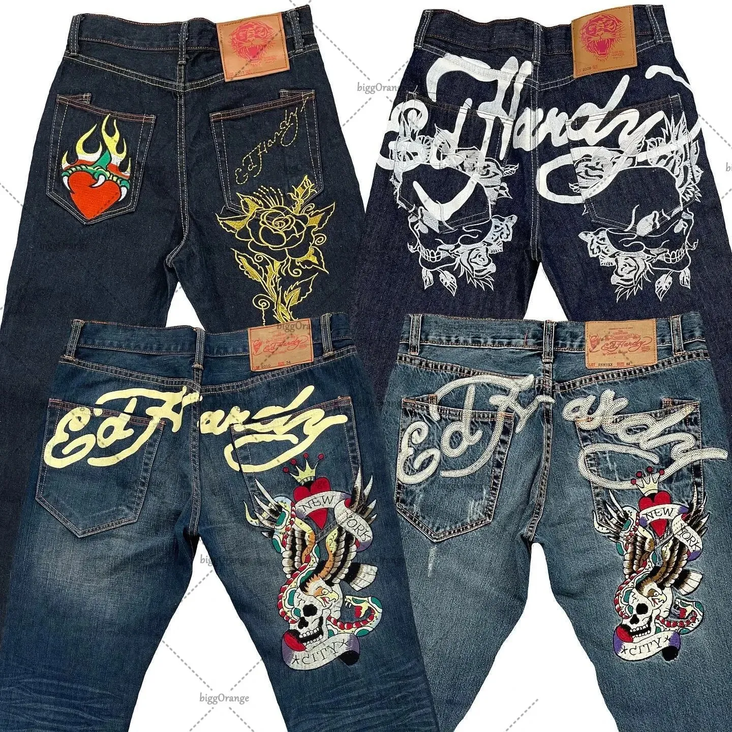 Mens Jeans Streetwear Y2K Vintage Straight Leg Denim Pants Skull Rose Flame Print Design Loose Fit Retro Punk Hip Hop Fashion — image 8