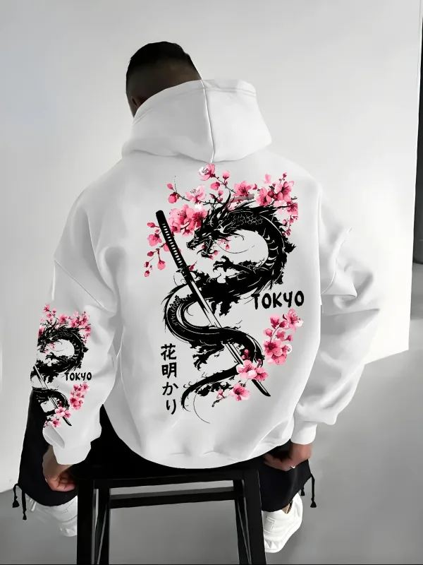 ผู้ชายใหม่ Anime Dragon Cherry Blossom พิมพ์ Hooded Sweatshirt ฤดูหนาวขนแกะสบายๆ Street Comfort แรงบันดาลใจการออกแบบ Hoodie — image 5