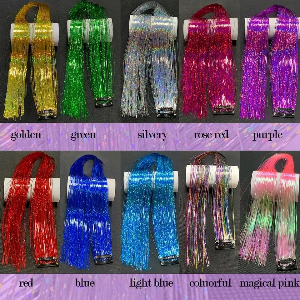 Long Straight Hair Tinsel Glitter Shiny Sparkly Synthetic Color Fresh Laser Clip in Hair Extensions Women Party Hair Accessori — image 5