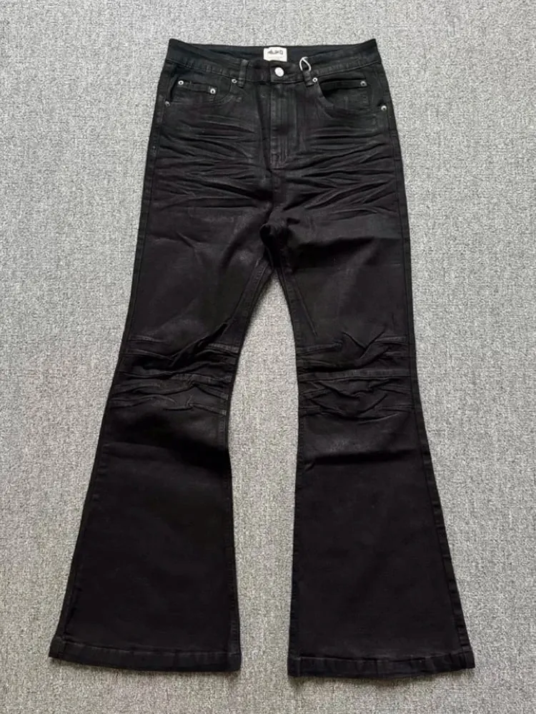 Retro Dark American High Street Handmade Brush Wax Coating Washed Floor Micro Flared Jeans Men Trendy mid Waist Loose Fit Jeans — image 2
