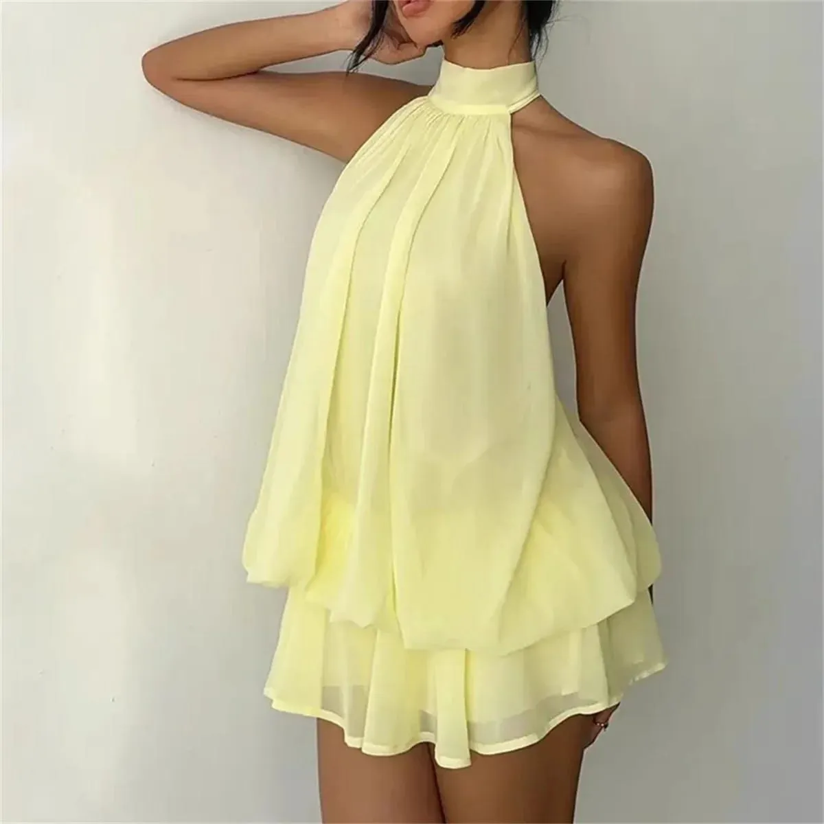 Women's Halter Neck Dress Sweet Backless Tie-Front Chiffon Sheer Mini Skirt Fashion Sexy Y2K Vintage Cute Party Birthday Dress — image 1