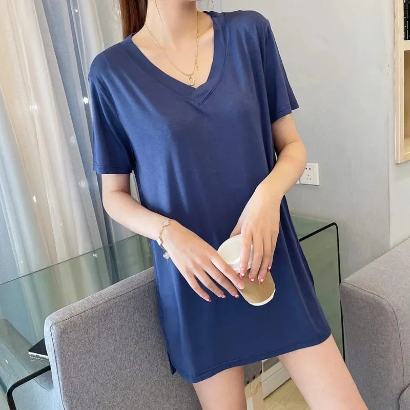 Loose Modal Short Sleeve V-Neck Midi Dress Thin Home Clothes Sleepwear Women's Base Skirt Comfortable plus Size Casual Style — image 14