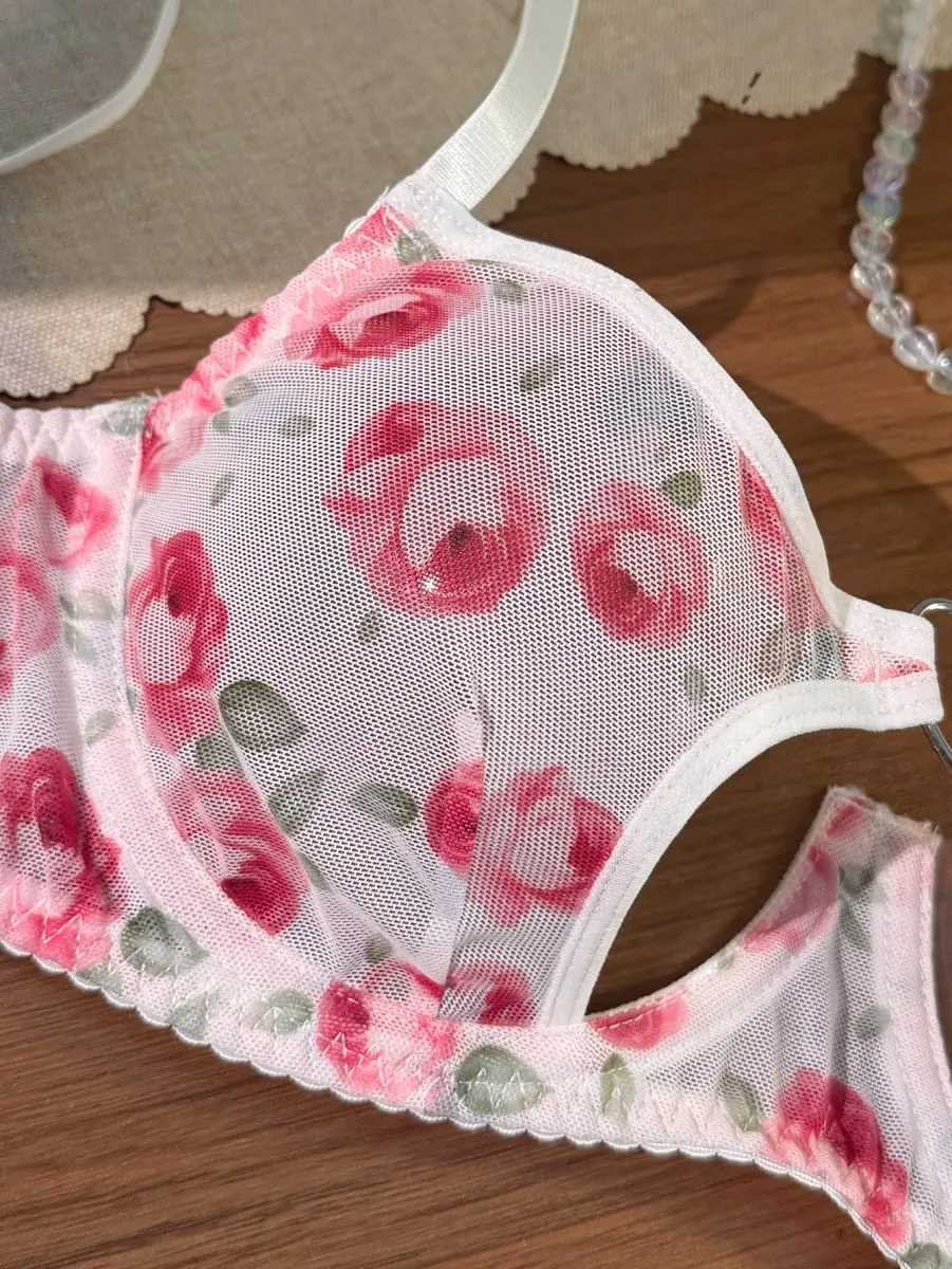 French Romantic Pink Rose Print Sheer Mesh Lingerie Set Heart Cutout Underwire Bra & Thong — image 3