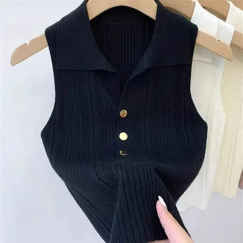 Zjaiss 2026 Spring Summer Slim Versatile Camisole Women's Polo Lapel Tank Tops Vest Ice Silk Knit Sleeveless Tops