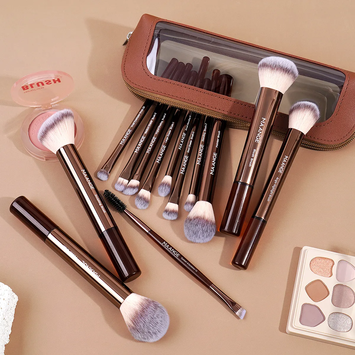 13pcs Classic Makeup Brushes with Storage Bag Soft Foundation Powder Eyeshadow Kabuki Blending Makeup Tools Coffee Brown