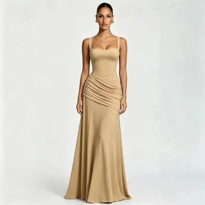Sexy Solid Pleated Sling Dress Women Elegant Square Neck Sleeveless Waist-cinching Maxi Dresses 2026 New Summer Lady Party Robe — image 10