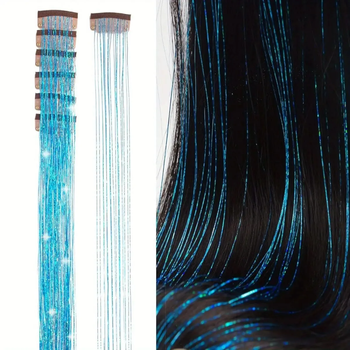 6Pcs Hair Tinsel Clip in 19.6Inch Glitter Synthetic Tinsel Hair Clip in Hair Tinsel Kit Heat Resistant Shiny Sparkle Fairy Hair — image 10