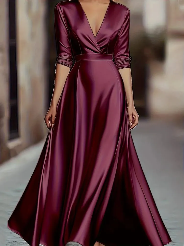 Spring/Autumn Collection: French-inspired Elegance Luxury-feel V-neck Long-sleeved Fitted Waist Dress Evening Gown for Banquets — image 6