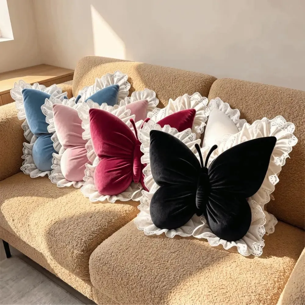 Elegant Velvet Butterfly Pillow Soft Lace Trim Bow Cushion Cute Bow Throw Pillow Gifts