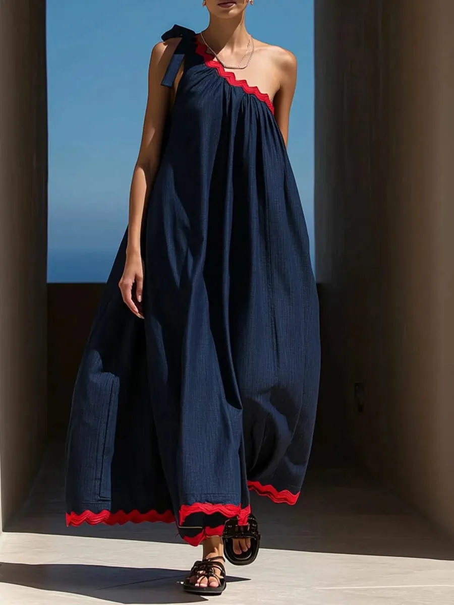 Freeacy Women's Navy Red Contrast Scallop Trim One Shoulder Maxi Dress Summer Casual Loose A Line Pleated Dresses For Vacation — image 1