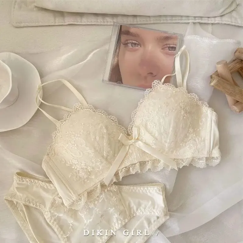 Sexy Lace Embroidered Bra Set with Small Chest Gathered for Collection Accessory Breasts Without Steel Rims Underwear Set