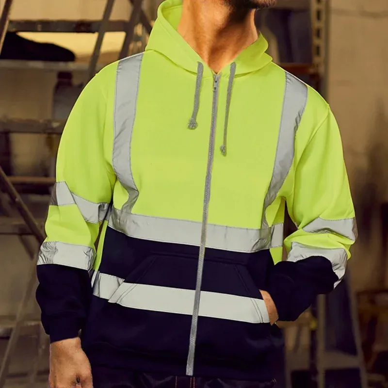 Reflective Work Safety Men Hoodies Drawstring Loose Zipper Jacket Autumn Thin Fleece Hooded Pullover Coat Casual Work Sweatshirt — image 6