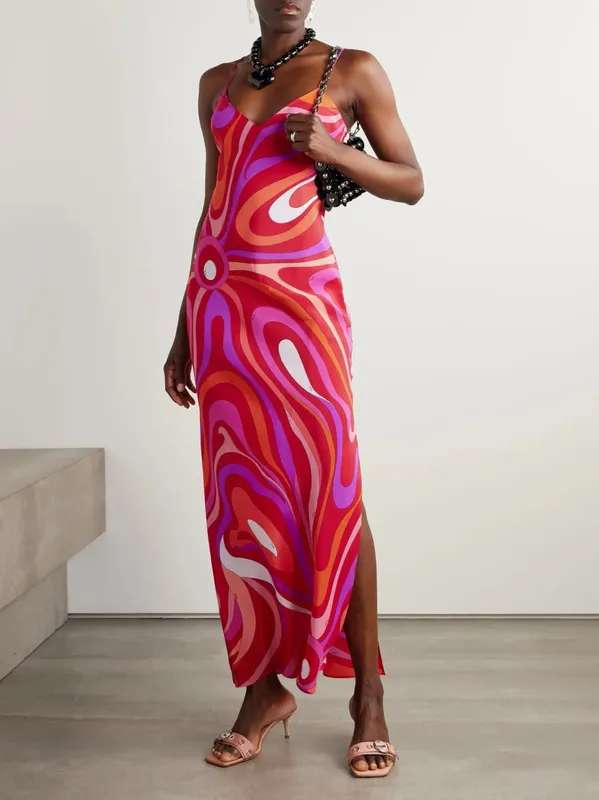 Bohemian Fashion Printed Women's Dress Summer Sexy Beach Vacation V-neck Strap Dresses Ladies Elegant Slit Hem A-line Vestidos — image 8