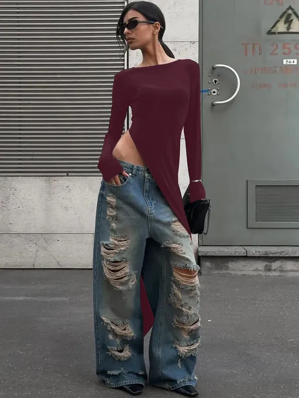 Dulzura Maxikleid mit langen Ärmeln und seitlichem hohem Schlitz, einfarbig, sexy, langes Kleid für Damen, Party, Club, Streetwear, Herbst-Winter-Outfit