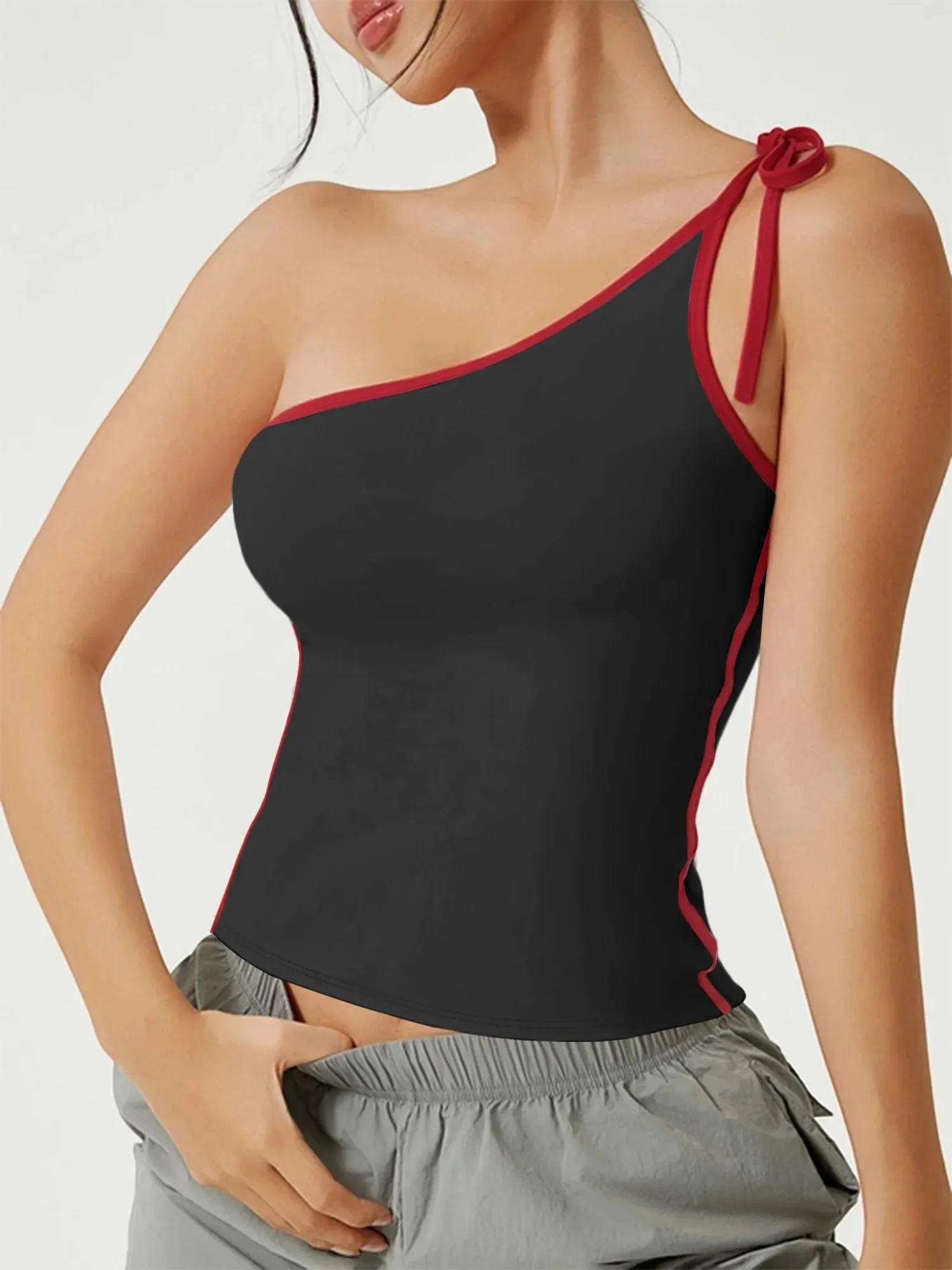 Asymmetric One Shoulder Tie Strap Tank Top Women Red Contrast Trim Slim Fit Crop Cami Summer Y2K Sleeveless Vest