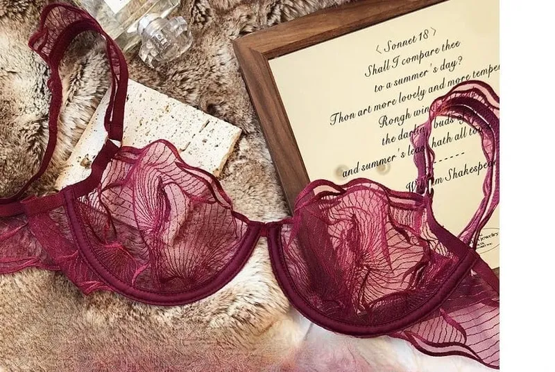 French Floral Embroidery Lace Bra Set For Women Ultra Thin Sheer Minimizer Bra Hollow Out Lingerie Brassiere Lightweight Fabric
