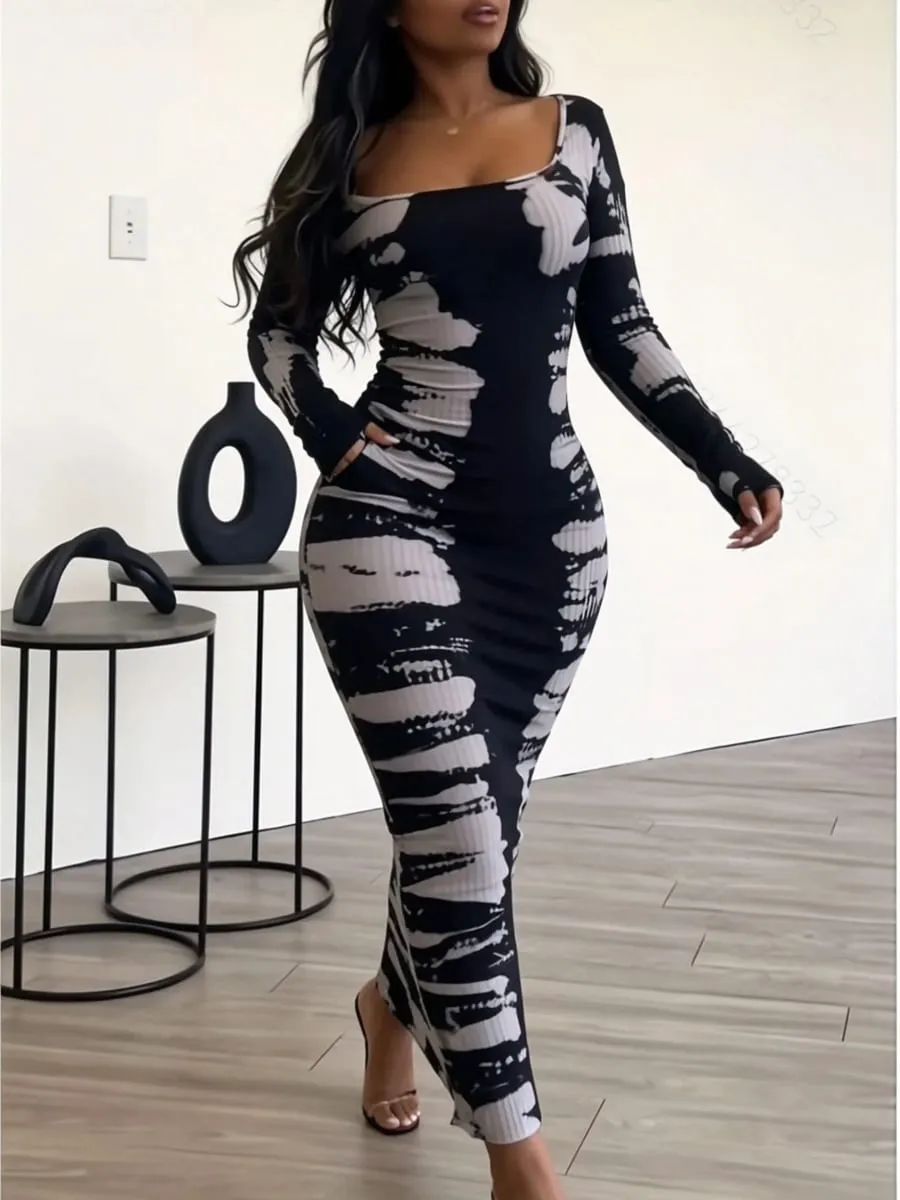 Slim Fit Hip Hugging Long Dress Square Collar Long Sleeves Waist Cinching Figure Show off Square Collar Long Skirt — image 5