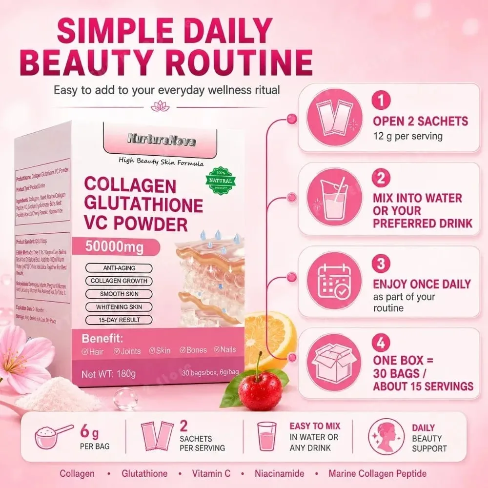 Collagen Peptides Glutathione Vitamin C Powder 30 Sachets Marine Collagen Drink Mix for Beauty Wellness Support Adults 180g — image 5