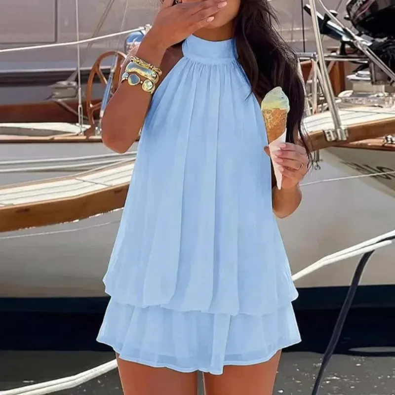 Sexy Women Chiffon Sleeveless Halter Backless Dress Lady Solid Color Tie Waist Slim Flared Dress Summer Beach Vacation Outfit — image 4