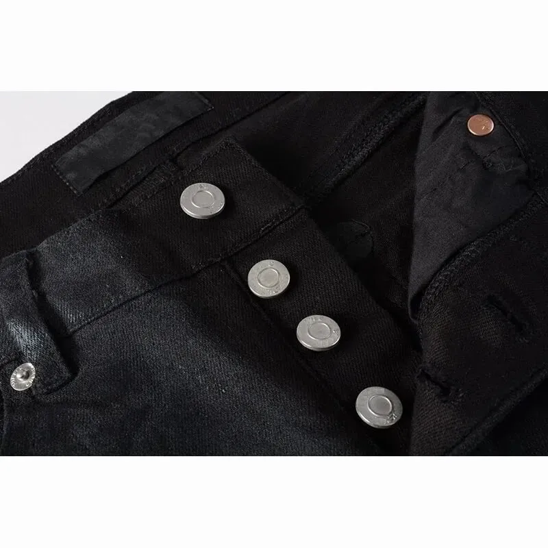 Men's Black Coated Slim Tapered Jeans Washed Distressed Design Button Fly High Street Style — image 4