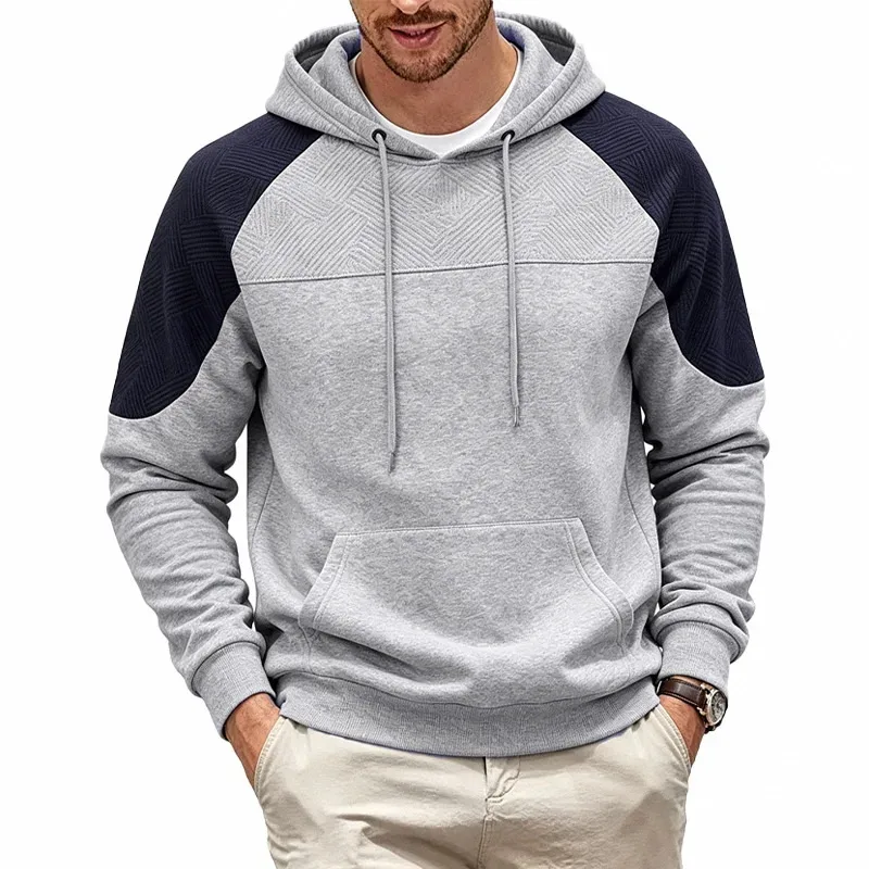 Autumn Winter Men Color Block Raglan Hoodie Textured Chest Panel Drawstring Kangaroo Pocket Loose Casual Streetwear Sweatshirt — image 33