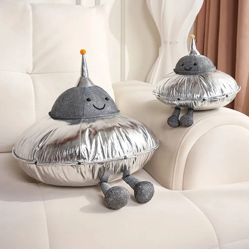 Cute UFO Plush Pillow Silver Metallic Flying‑Saucer Stuffed Toy Soft Alien Spaceship Plush Cushion Space‑themed Home Decor Gift