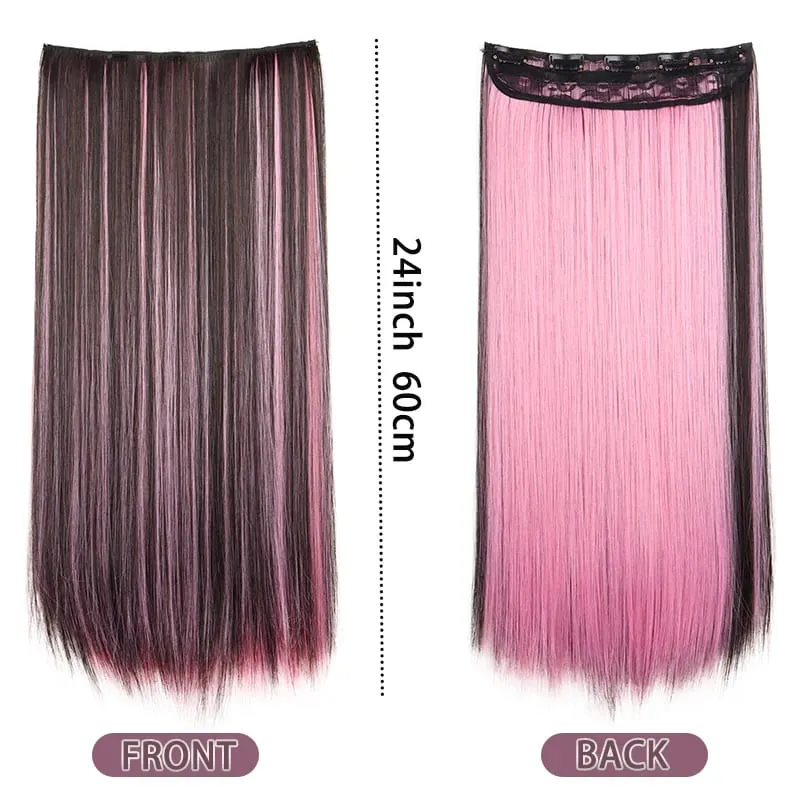 Synthetic 24Inch Long Straight 5 Clips Colorful Highlight Hair Extension Natural Soft Silky Hairpiece for Women Daily Use — image 2
