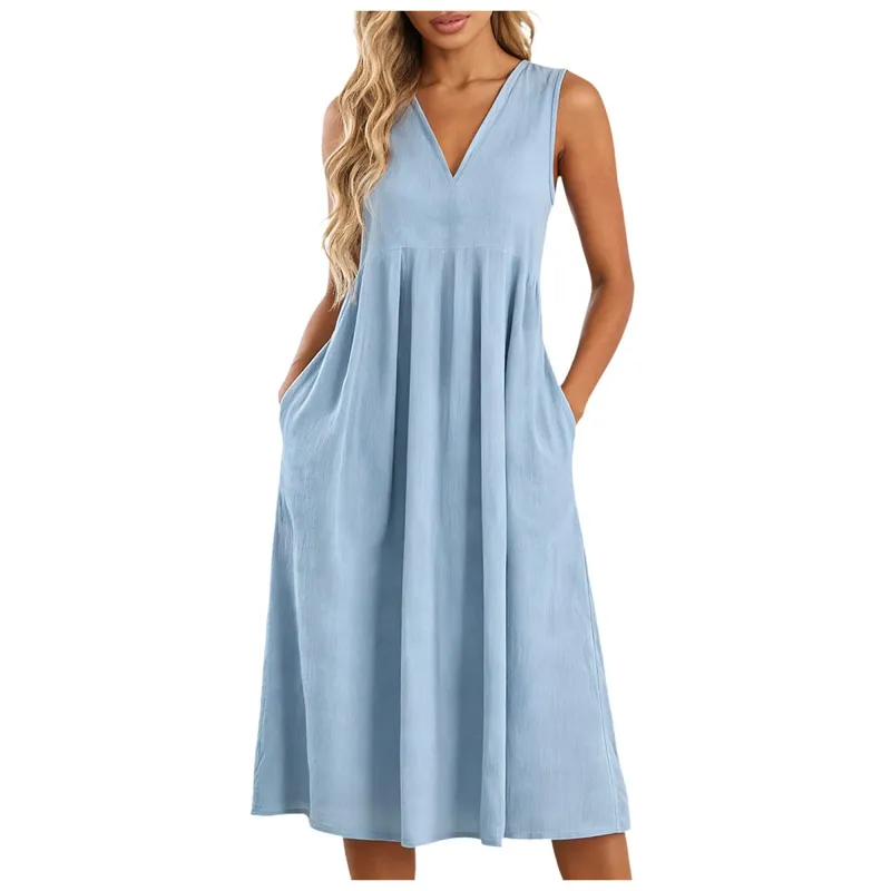 Women Sleeveless Linen Midi Dress Loose V Neck Summer A Line Sundress Lightweight Casual Swing Tank Dresses With Side Pockets