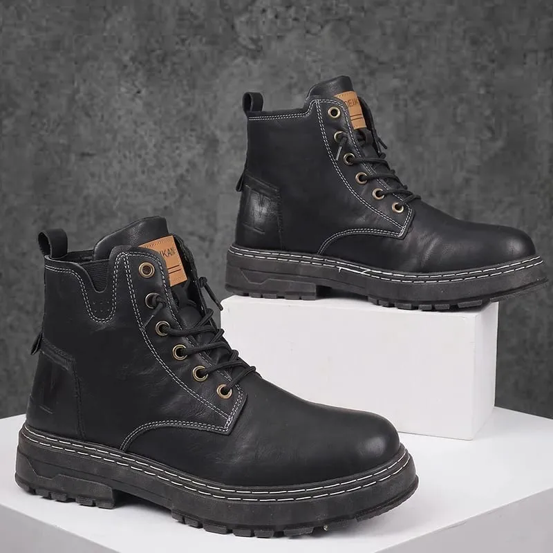 Men High‑top Casual Boots Faux Leather Lace‑up Thick Non‑slip Block Sole Stitched Detail For Urban Street Daily Outing — image 4