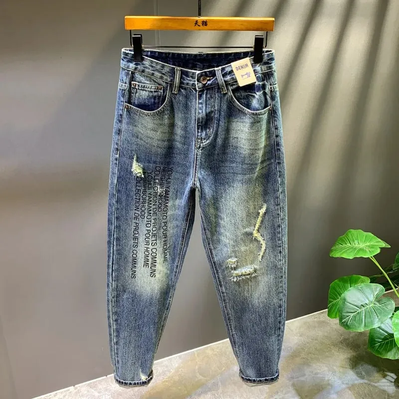 2025 Autumn/Winter New Men's Trendy Piercing Patch Jeans with Letter Printed Micro Loose Pants — image 2
