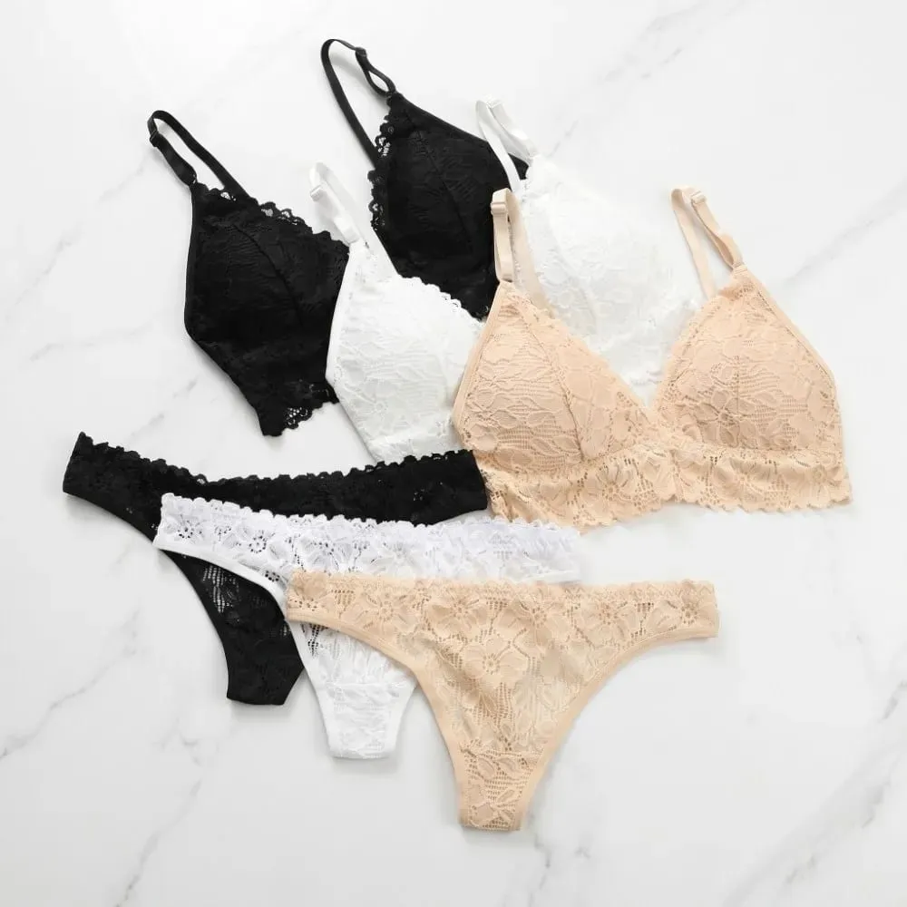 V Neck Lace Flower Bra Set Thong Solid Color Floral Panties Bra Kit Transparent Lingerie Lace Underwear Valentine's Day Gift — image 4