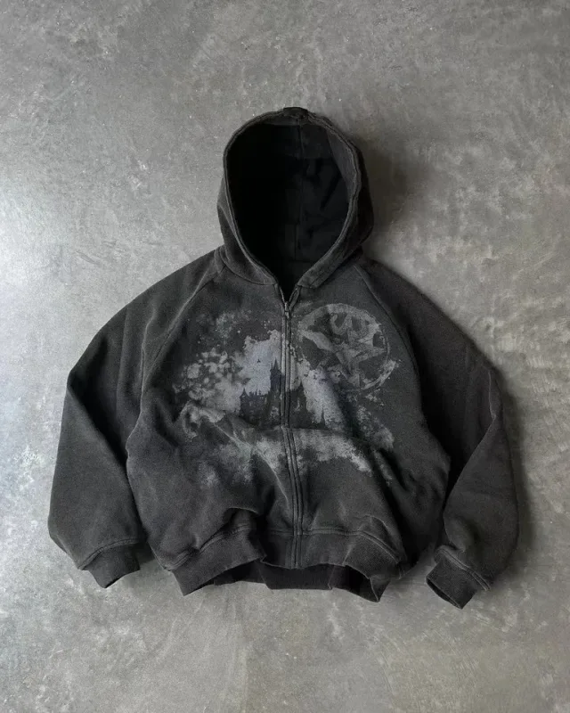 Mens Zip Up Hoodie Dark Blue Wings Print Unique Graphic Y2K Streetwear American Urban Pullover Youth Clothing Hooded Sweatshirt