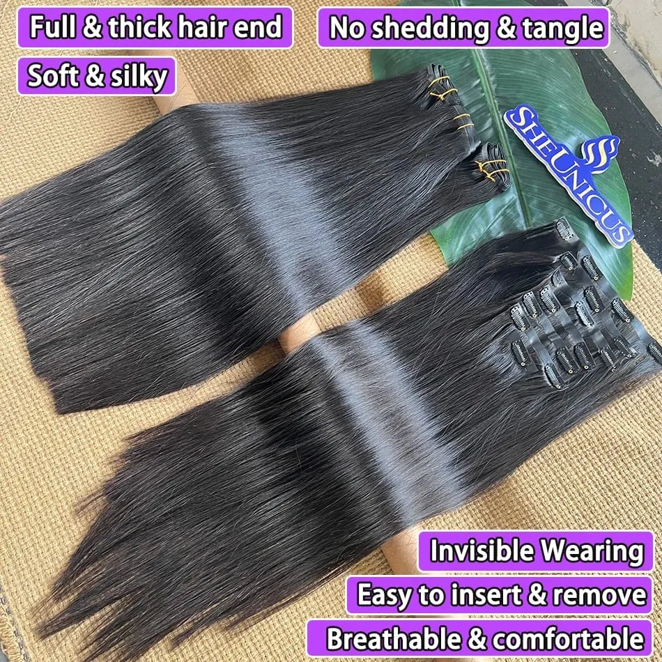 Double Drawn Straight PU Clip Ins Hair Extensions 100% Human Hair Natural Black Color 100g/Set 7pcs Invisible PU Weft Clips Hair — image 3