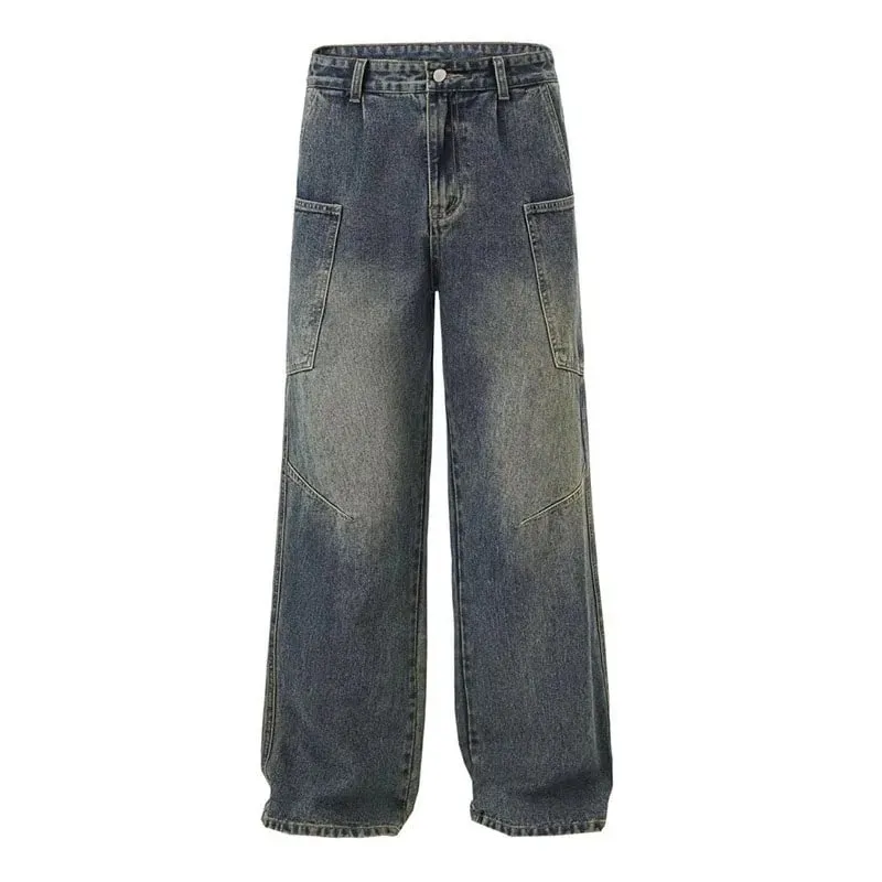 Korean Style Large Pocket Workwear Jeans Retro Blue Men'S Baggy Jeans Straight Leg Pants Casual Wide Leg Pants Casual Pants — image 2