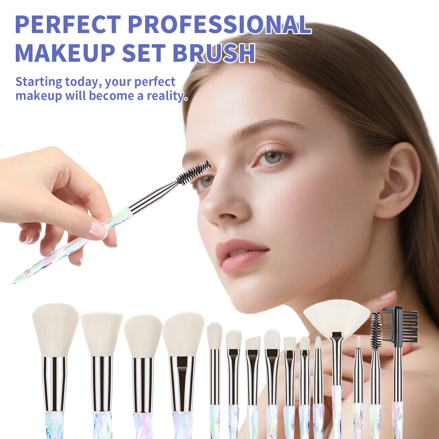 Professional 15Pcs Makeup Brushes Kit Dense Soft Bristle Crystal Handle Face Eye Cosmetic Brushes For Beginner Daily Makeup