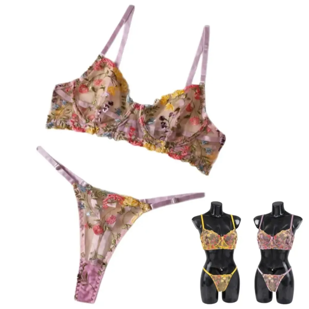 2-Piece Bohemia Floral Lingerie Set Embroidery Sheer Underwear Intimates Underwire Push-up Versatile Bra Panty Set For Lady Girl