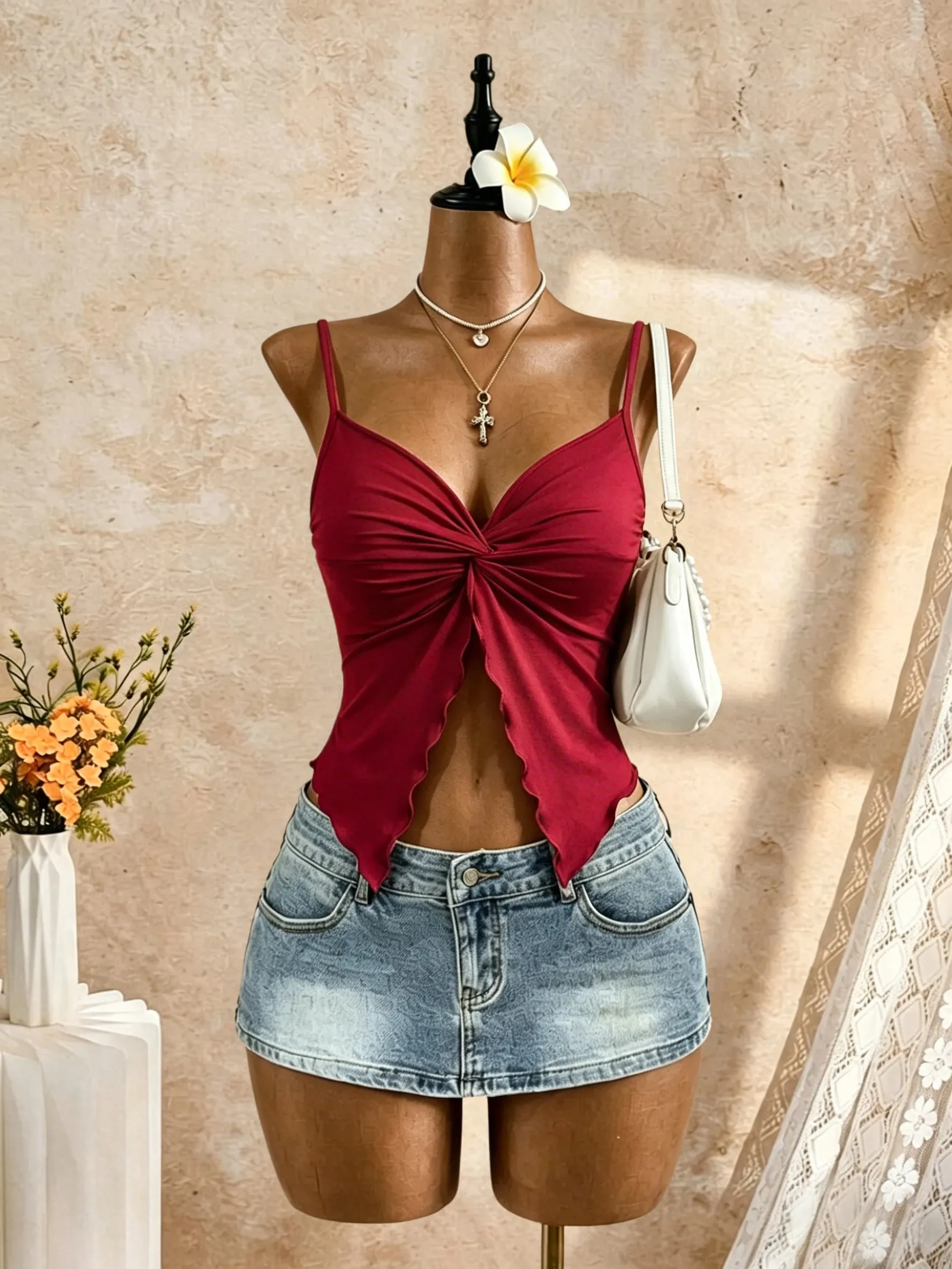 Women Spaghetti Strap V Neck Twist Front Cut Out Ruffle Irregular Hem Slim Fit Crop Cami Top 2026 Summer Y2K Solid White Sleevel — image 9