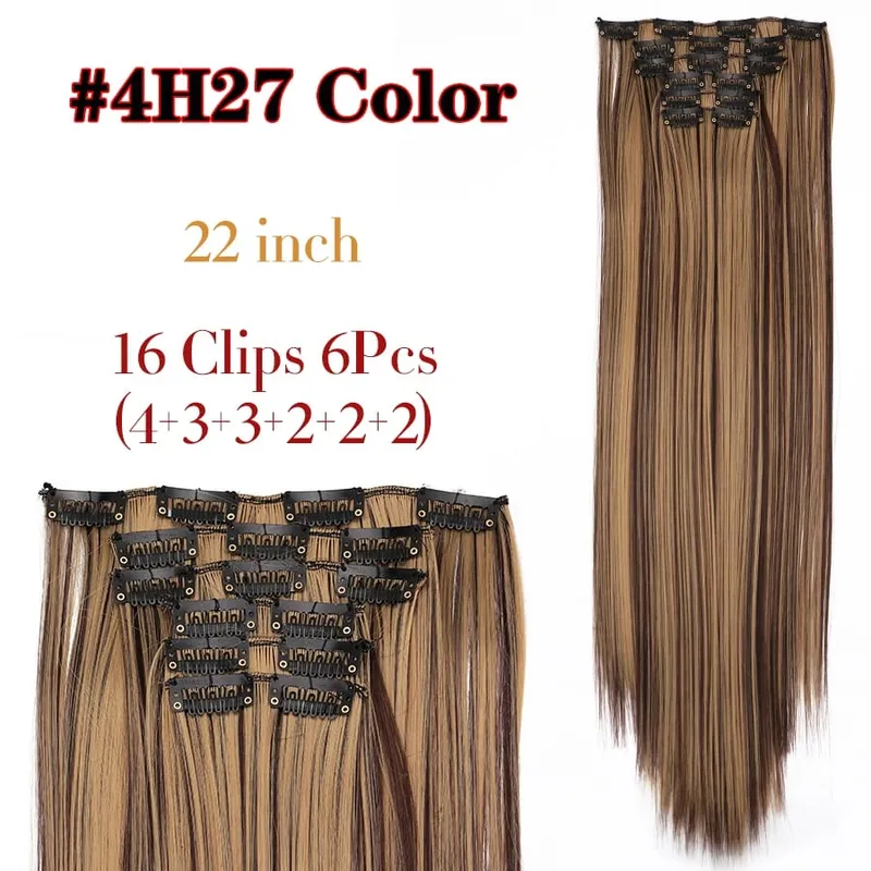 22 Inches Synthetic Long Straight Hairstyle 16 Clips 6Pcs/Set Hair Extensions Blonde Black Hairpieces Heat Resistant For Women
