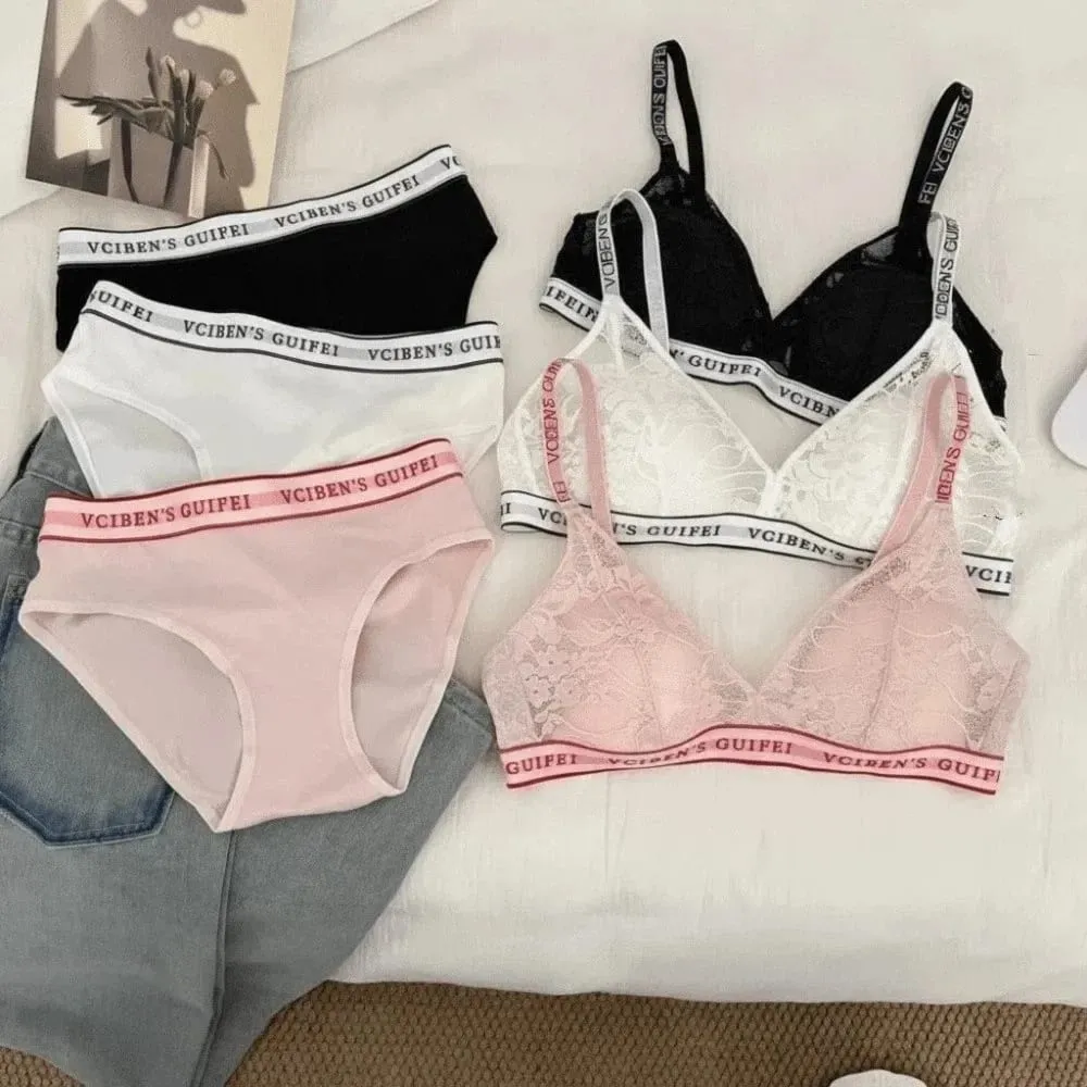 Bra Suit Letter Design Lingerie Set Lace Deep V Women Underwear Suit Wireless Color Blocking Bra Panties Set Daily — image 3